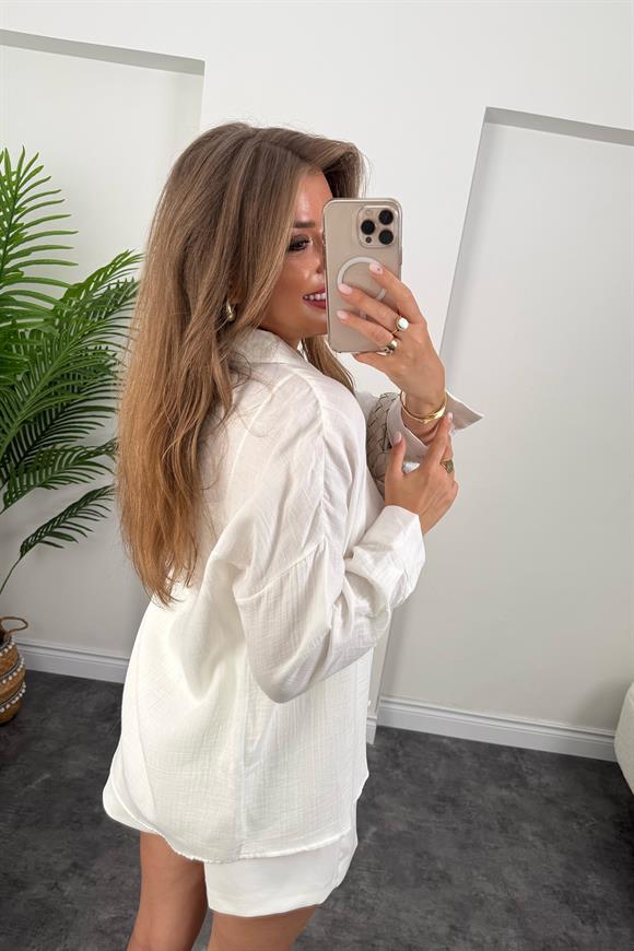 %100 Müslin Organik Kumaş Basic Gömlek Beyaz