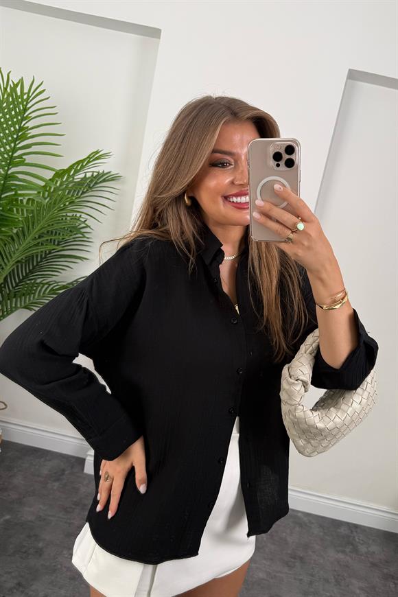 %100 Müslin Organik Kumaş Basic Gömlek Siyah