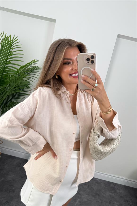 %100 Müslin Organik Kumaş Basic Gömlek Taş