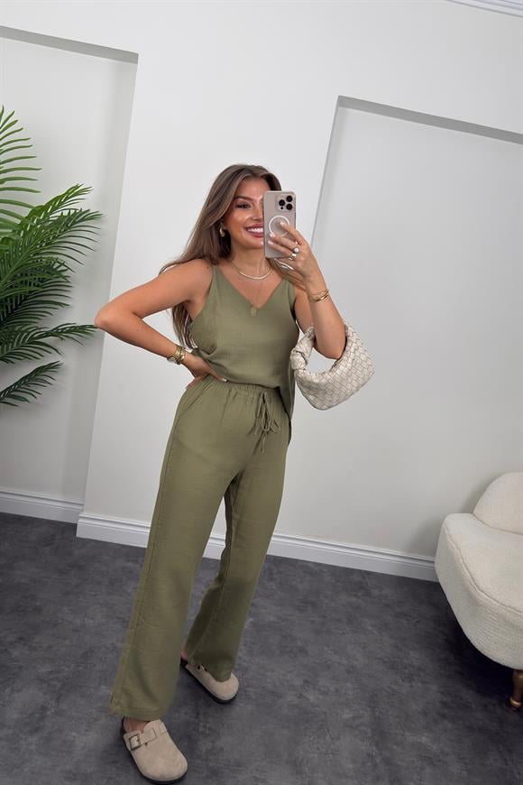 %100 Müslin Organik Kumaş Bol Paça Pantolon Haki