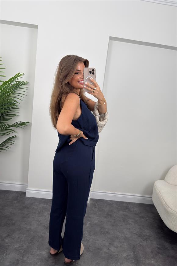 %100 Müslin Organik Kumaş Bol Paça Pantolon Lacivert 