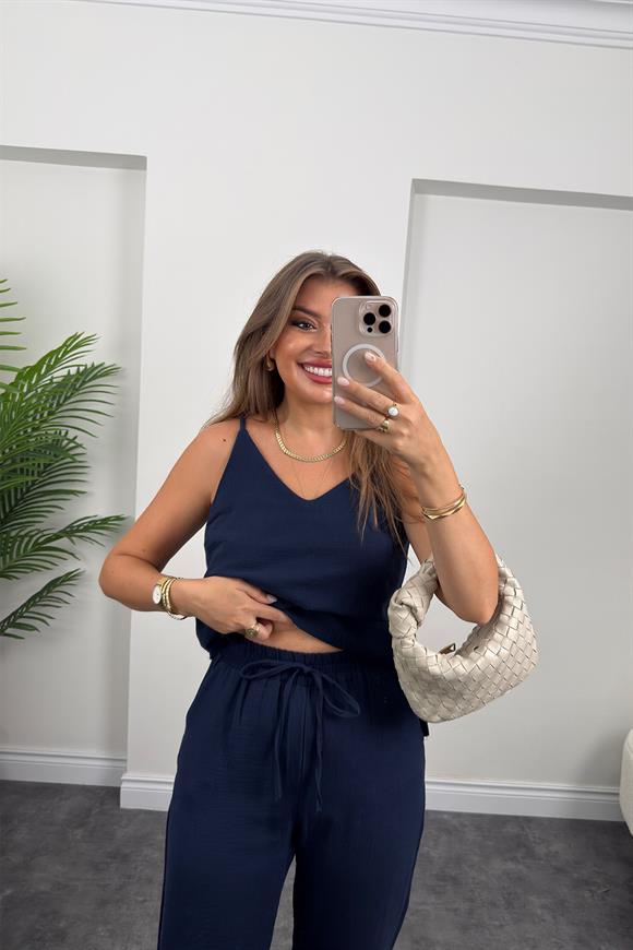 %100 Müslin Organik Kumaş Bol Paça Pantolon Lacivert 