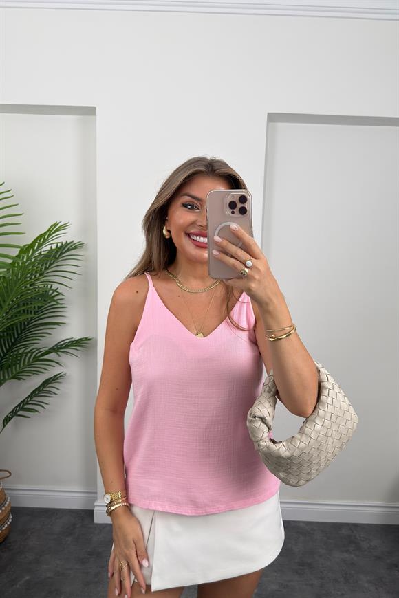 %100 Müslin Organik Kumaş İp Askılı Bluz Pembe