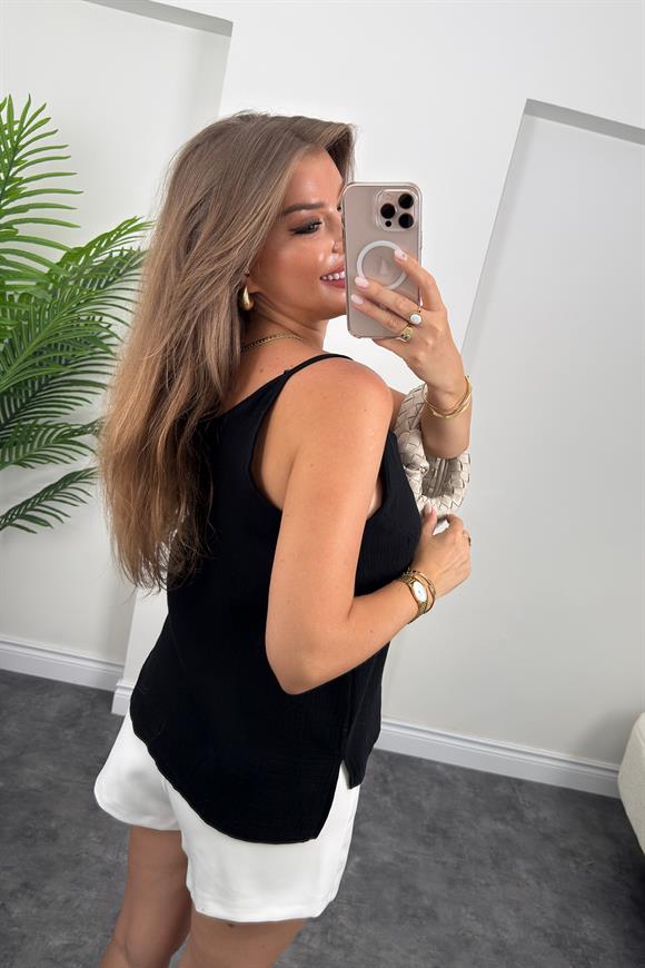 %100 Müslin Organik Kumaş İp Askılı Bluz Siyah 