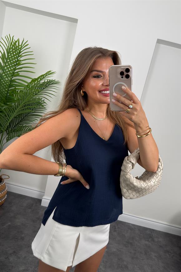 %100 Müslin Organik Kumaş İp Askılı Bluz Lacivert 