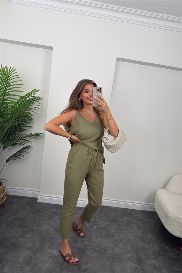 %100 Müslin Organik Kumaş Jogger Pantolon Haki