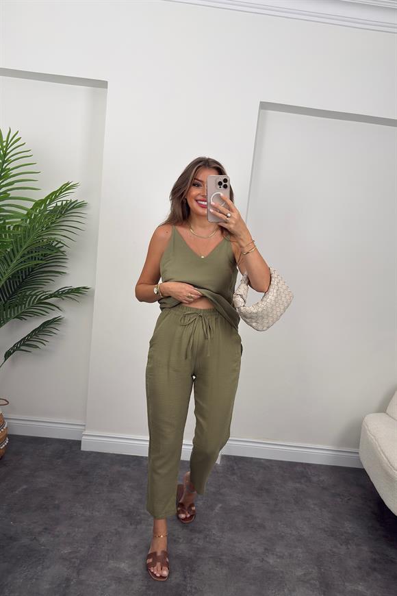 %100 Müslin Organik Kumaş Jogger Pantolon Haki