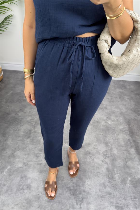 %100 Müslin Organik Kumaş Jogger Pantolon Lacivert 