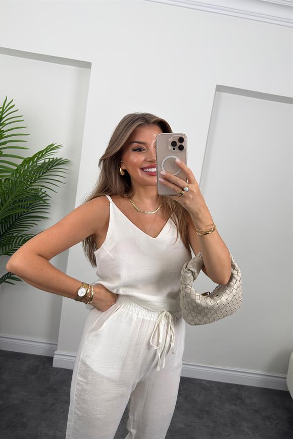 %100 Müslin Organik Kumaş Jogger Pantolon Beyaz