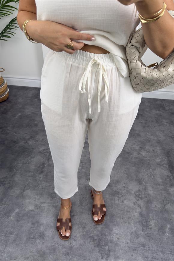 %100 Müslin Organik Kumaş Jogger Pantolon Beyaz
