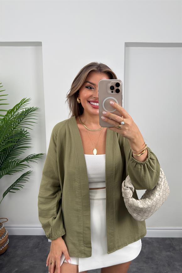 %100 Müslin Organik Kumaş Kimono Ceket Haki