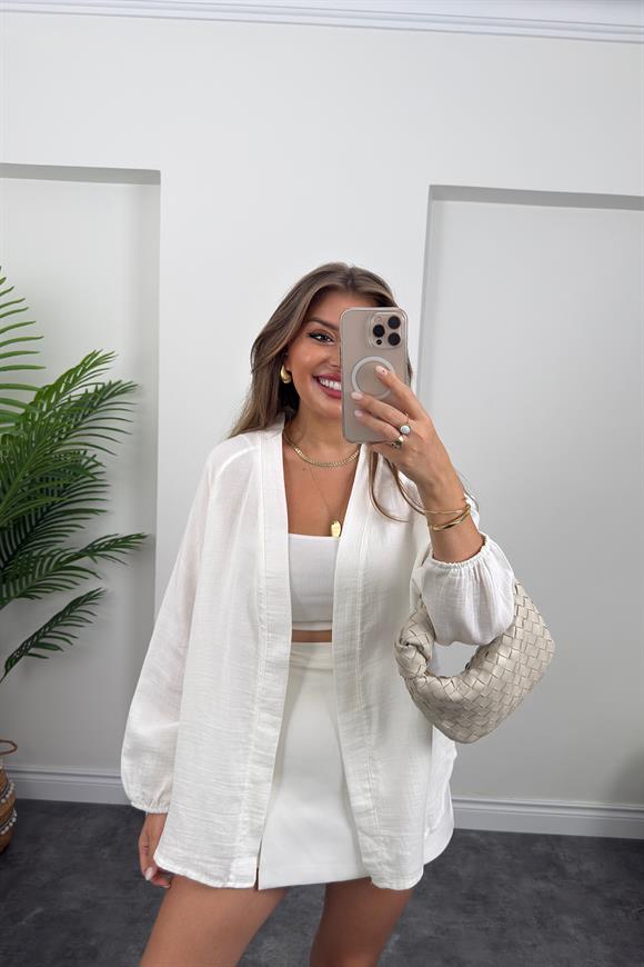 %100 Müslin Organik Kumaş Kimono Ceket Beyaz