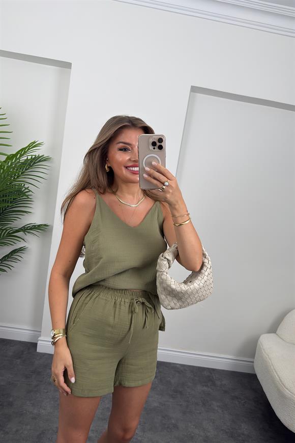 %100 Müslin Organik Kumaş Şort Haki