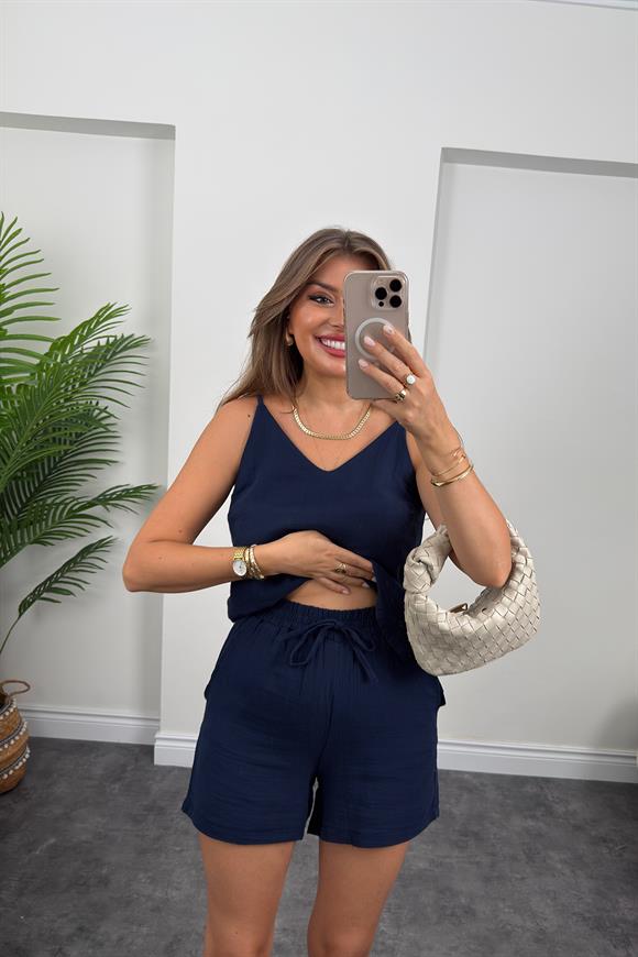 %100 Müslin Organik Kumaş Şort Lacivert 