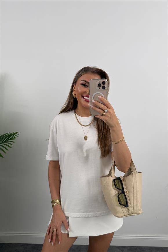 %100 Pamuklu Bisiklet Yaka Premium Basic Tshirt Beyaz