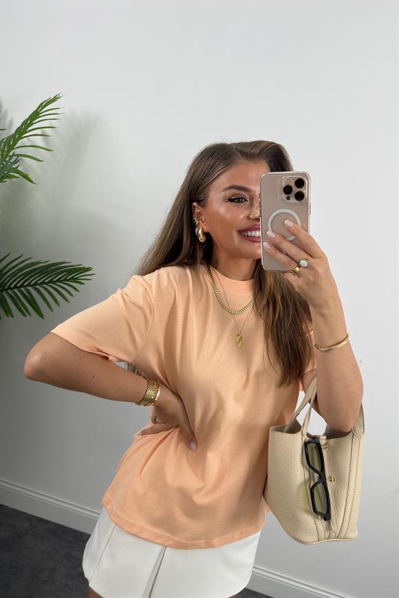 %100 Pamuklu Bisiklet Yaka Premium Basic Tshirt Somon