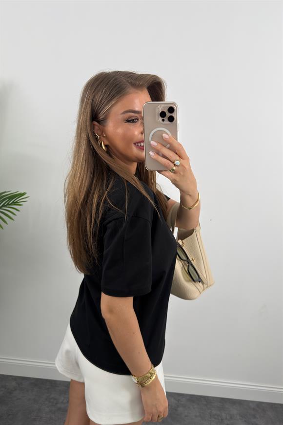 %100 Pamuklu Bisiklet Yaka Premium Basic Tshirt Siyah