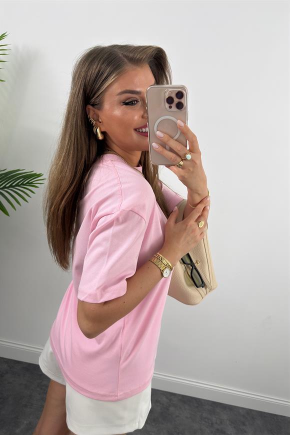 %100 Pamuklu Bisiklet Yaka Premium Basic Tshirt Pembe