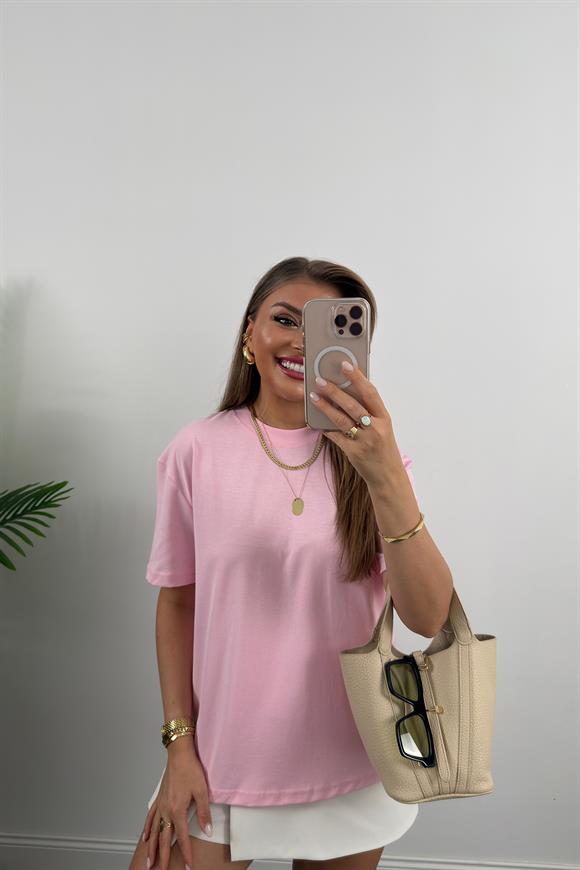 %100 Pamuklu Bisiklet Yaka Premium Basic Tshirt Pembe