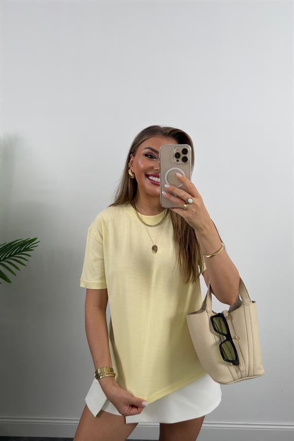 %100 Pamuklu Bisiklet Yaka Premium Basic Tshirt Sarı