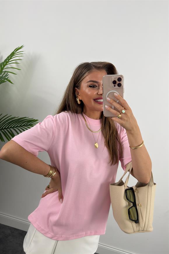 %100 Pamuklu Bisiklet Yaka Premium Basic Tshirt Pembe