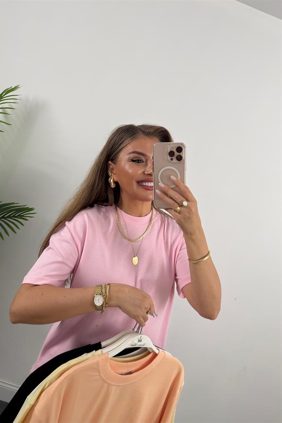%100 Pamuklu Bisiklet Yaka Premium Basic Tshirt Pembe