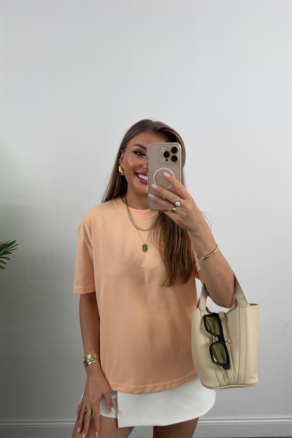 %100 Pamuklu Bisiklet Yaka Premium Basic Tshirt Somon