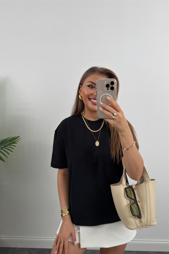 %100 Pamuklu Bisiklet Yaka Premium Basic Tshirt Siyah