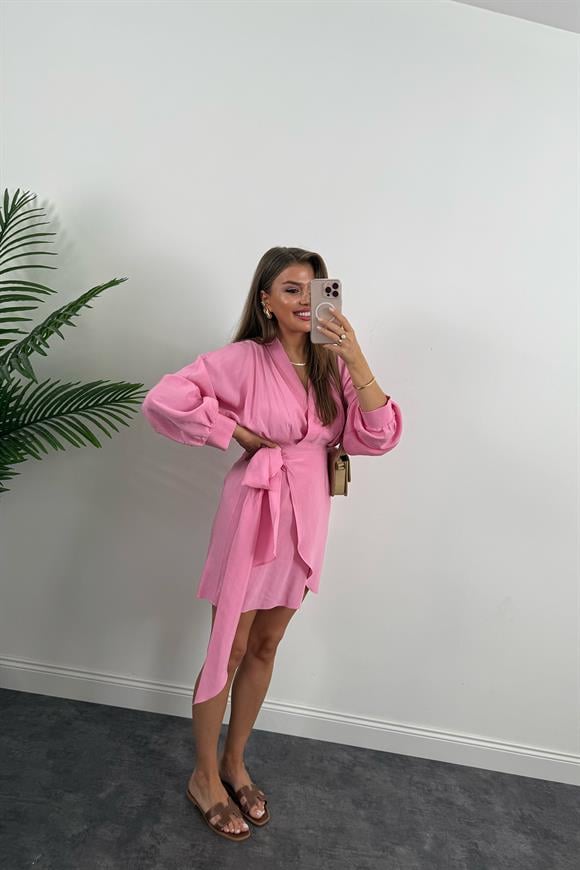%100 Tensel Balon Kol Lüx Kalite Anvelop Elbise Pembe