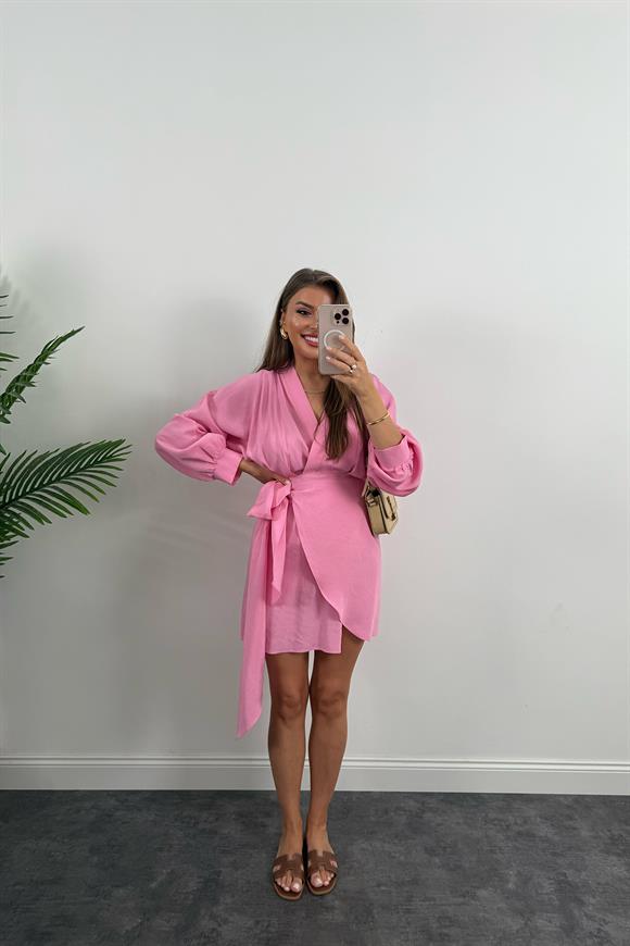 %100 Tensel Balon Kol Lüx Kalite Anvelop Elbise Pembe