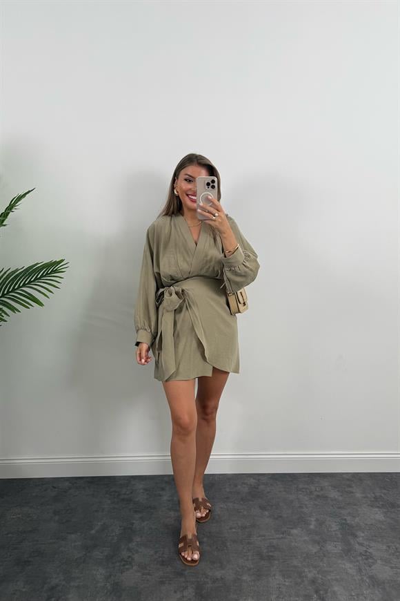 %100 Tensel Balon Kol Lüx Kalite Anvelop Elbise Haki