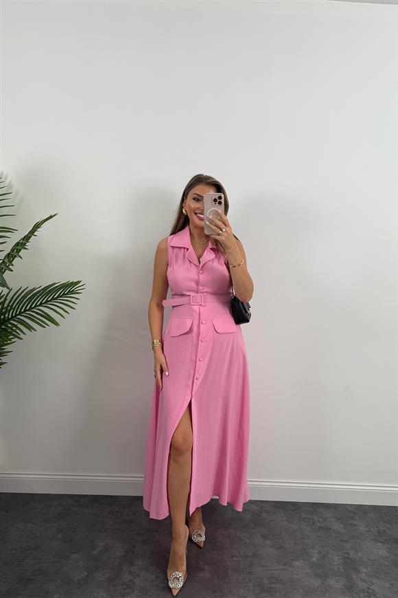 %100 Tensel Kumaş Lüx Kalite Düğmeli Kemerli Maxi Elbise Pembe