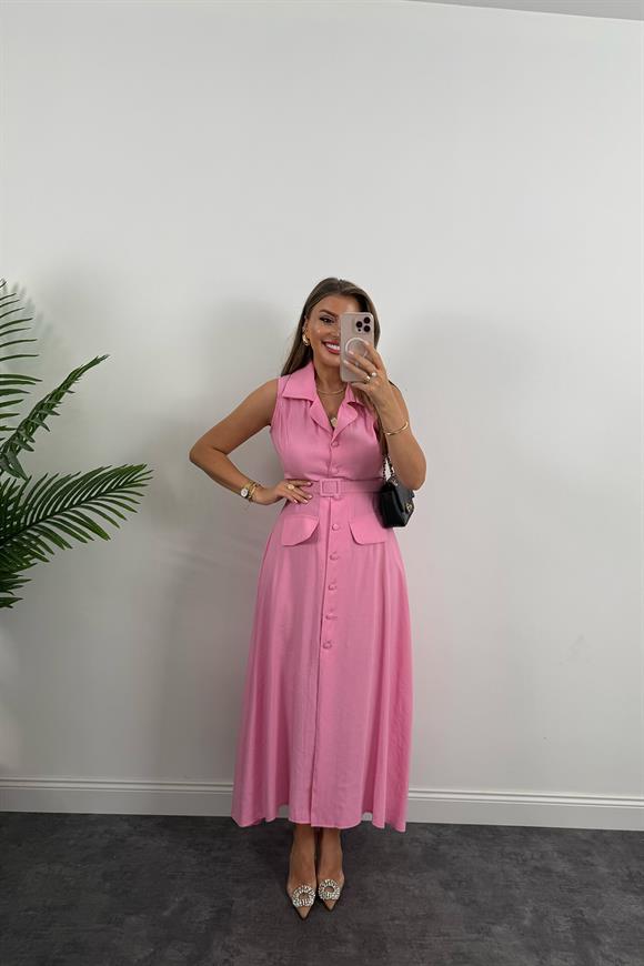 %100 Tensel Kumaş Lüx Kalite Düğmeli Kemerli Maxi Elbise Pembe