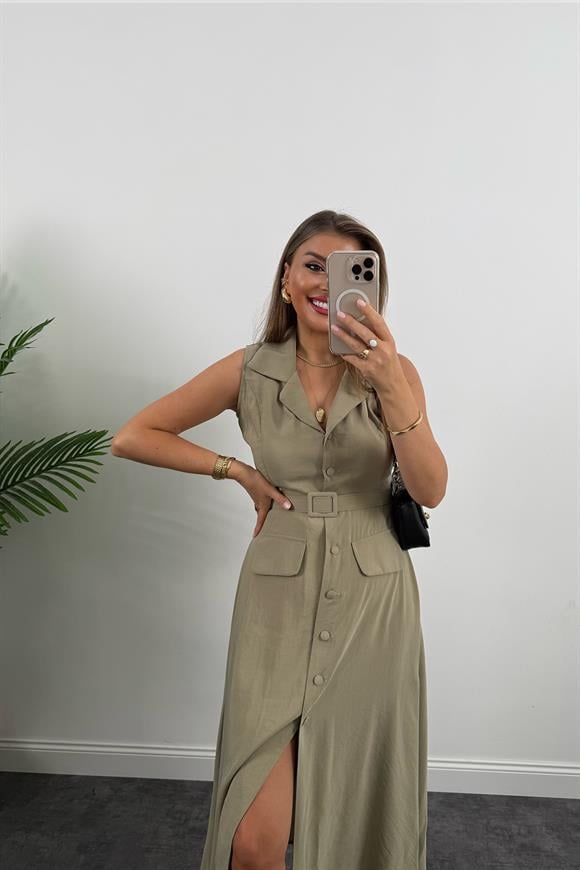 %100 Tensel Kumaş Lüx Kalite Düğmeli Kemerli Maxi Elbise Açık Haki