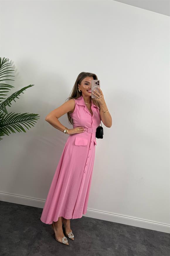 %100 Tensel Kumaş Lüx Kalite Düğmeli Kemerli Maxi Elbise Pembe