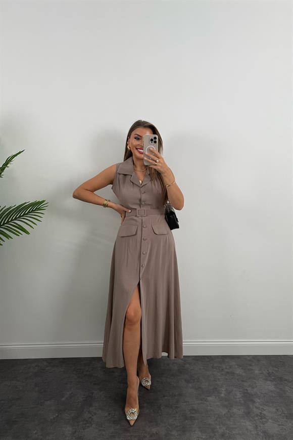 %100 Tensel Kumaş Lüx Kalite Düğmeli Kemerli Maxi Elbise Vizon