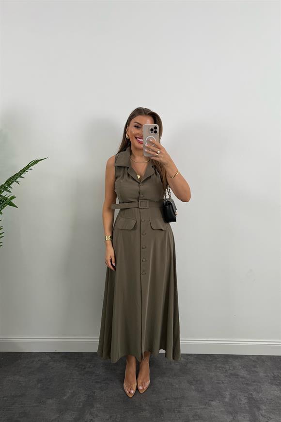 %100 Tensel Kumaş Lüx Kalite Düğmeli Kemerli Maxi Elbise Haki
