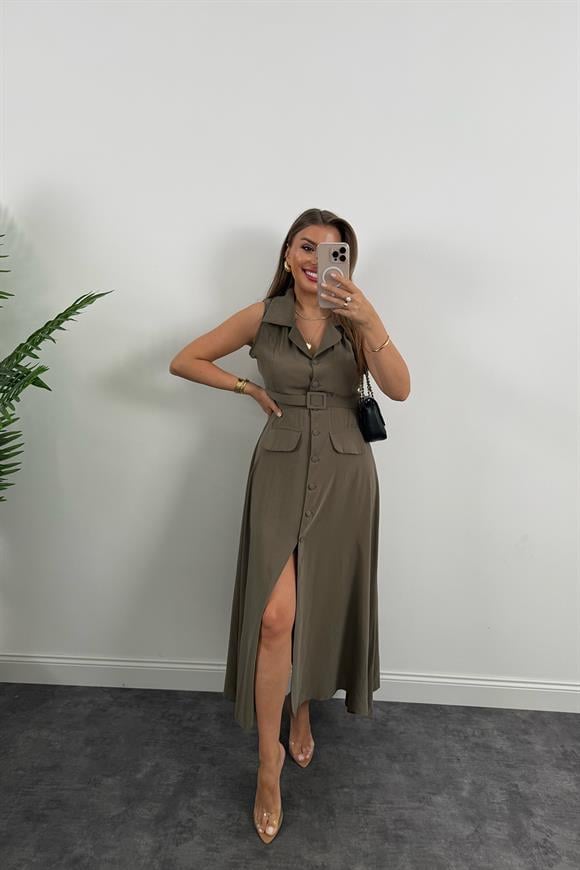 %100 Tensel Kumaş Lüx Kalite Düğmeli Kemerli Maxi Elbise Haki