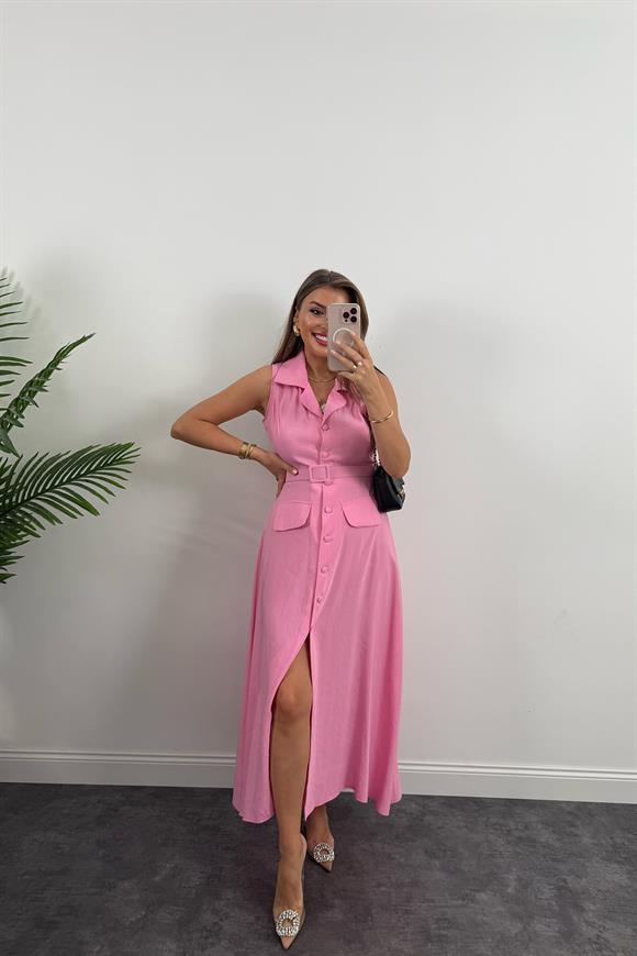 %100 Tensel Kumaş Lüx Kalite Düğmeli Kemerli Maxi Elbise Pembe