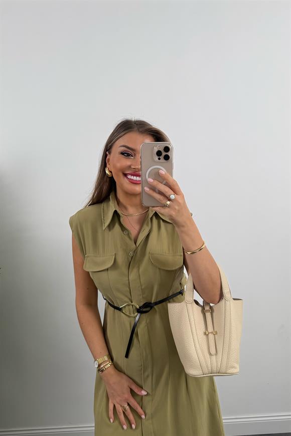 %100 Tensel Kumaş Lüx Kalite Kemerli Sıfır Kol Midi Boy Elbise Olive Yeşil