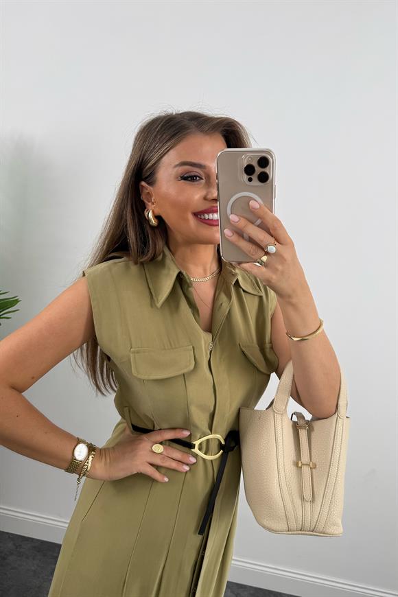 %100 Tensel Kumaş Lüx Kalite Kemerli Sıfır Kol Midi Boy Elbise Olive Yeşil