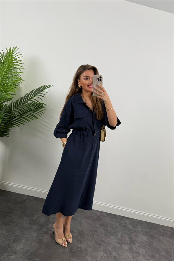 %100 Tensel Midi Boy Salaş Elbise İndigo