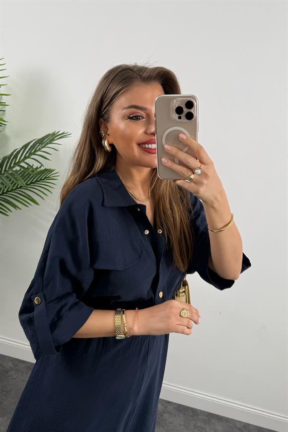 %100 Tensel Midi Boy Salaş Elbise İndigo