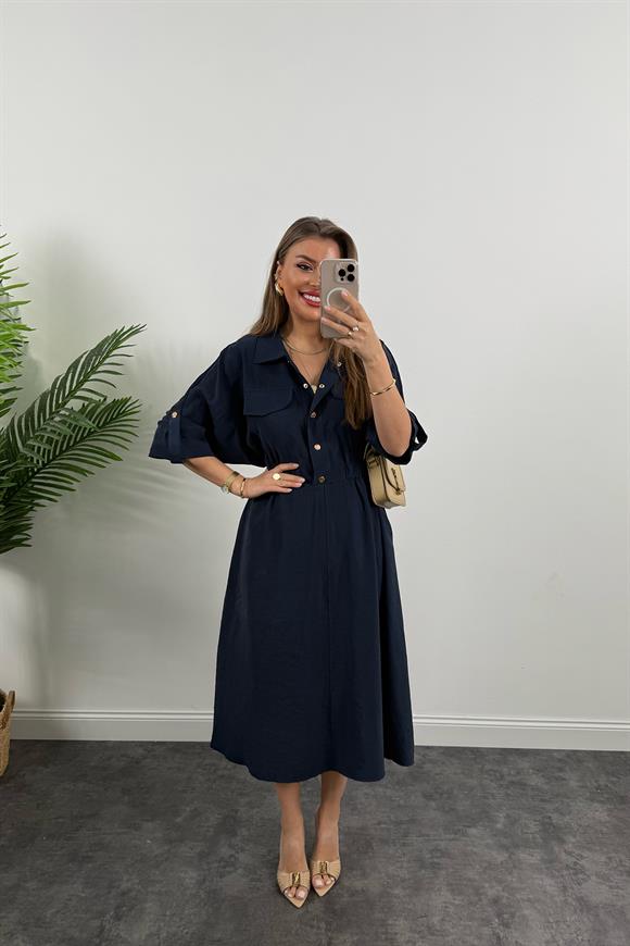 %100 Tensel Midi Boy Salaş Elbise İndigo