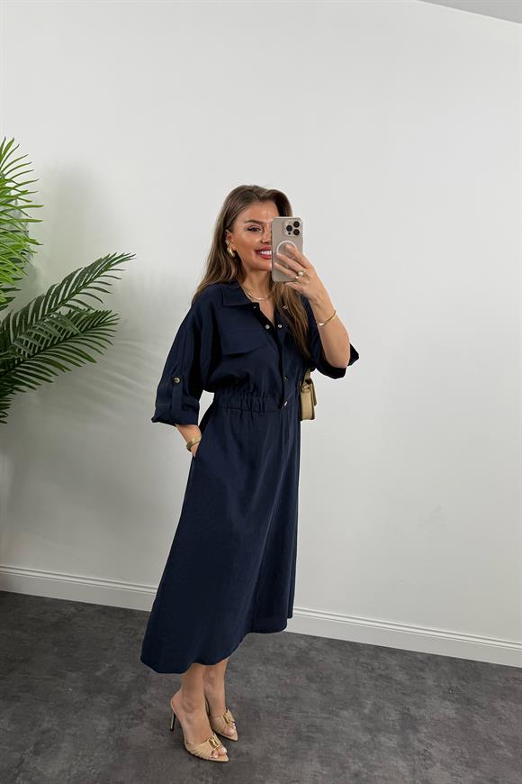 %100 Tensel Midi Boy Salaş Elbise İndigo