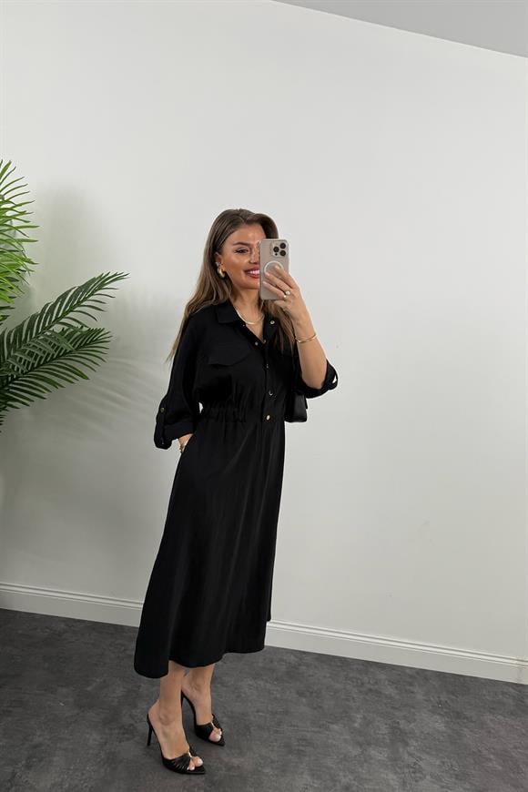 %100 Tensel Midi Boy Salaş Elbise Siyah
