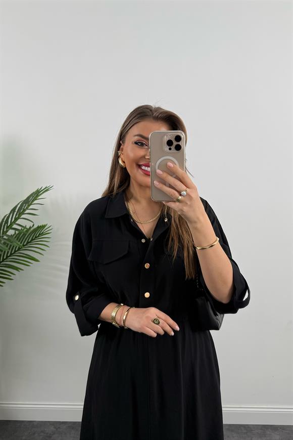 %100 Tensel Midi Boy Salaş Elbise Siyah