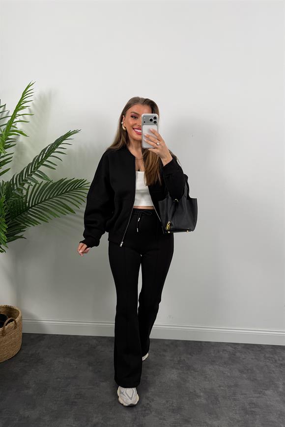 3 İplik Şardonlu Bomber Ceket İspanyol Pantolon Takım Siyah