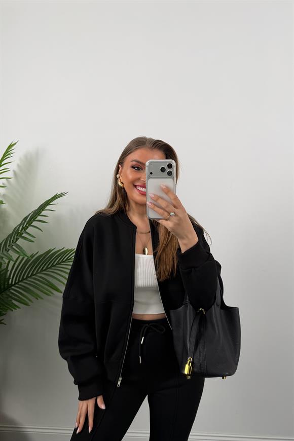 3 İplik Şardonlu Bomber Ceket İspanyol Pantolon Takım Siyah