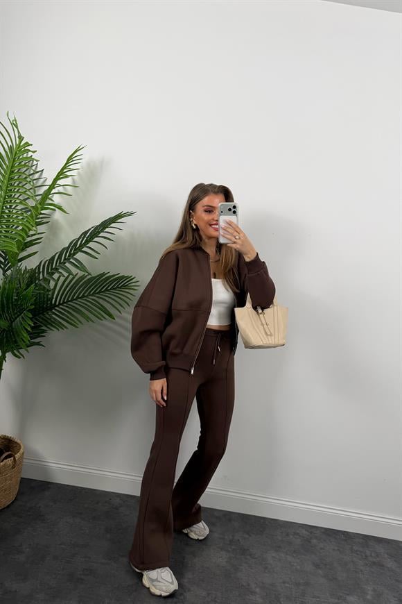 3 İplik Şardonlu Bomber Ceket İspanyol Pantolon Takım Acı Kahve